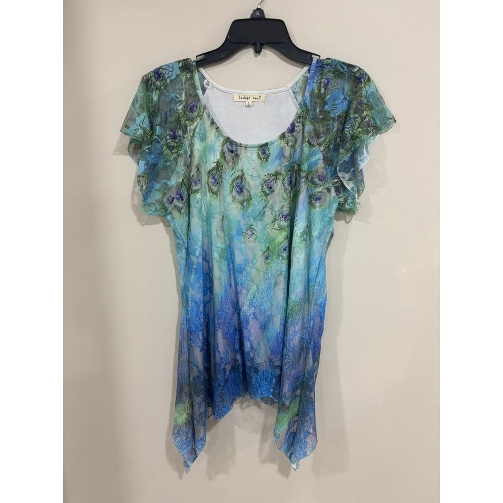 Indigo Soul Peacock Print Sheer Tunic Top L Boho Festival Flowy Blouse‎ Resort